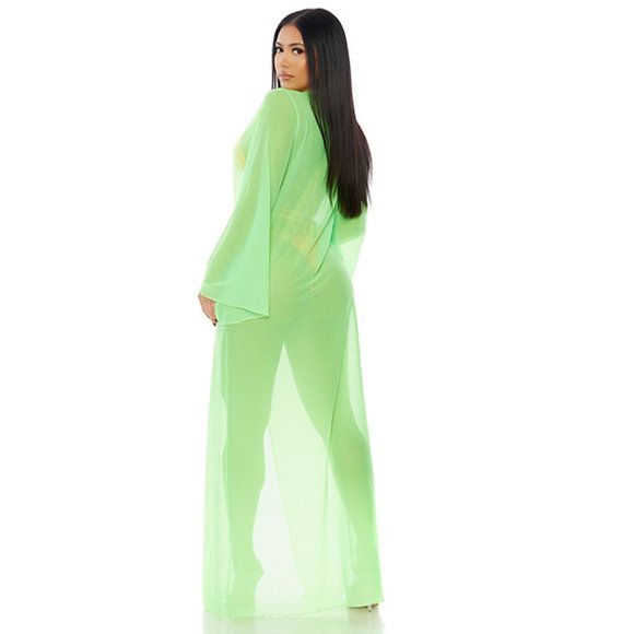 Sheer Mesh Kimono Long Swim Coverup Neon Green - Picture 2 of 5
